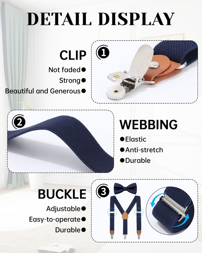 WELROG Child Boys Adjustable Silk Bowties & Suspender Sets Y Back Metal Clips Genuine Leather Suspenders (Navy blue + Navy blue bowtie) - Image 4